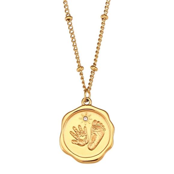 18K Gold Plated Baby Hand Foot Print Zircon Pendant Necklace Stainless Steel